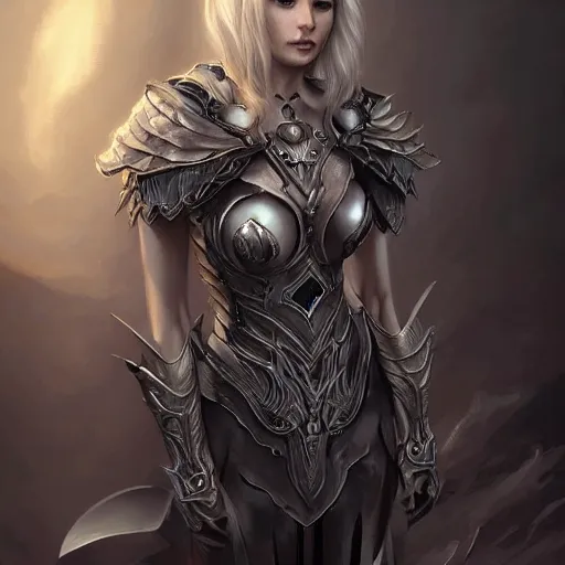 Prompt: portrait of a blonde paladin woman, dark fantasy, gloomy atmosphere, trending on artstation, hyper detailed, by artgerm