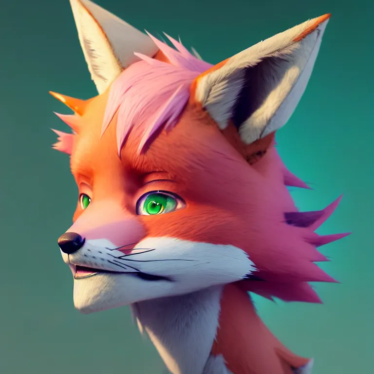 Image similar to a beautiful headshot portrait of a cute anime male fox with pink hair and piercings and green eyes. character design by cory loftis, fenghua zhong, ryohei hase, ismail inceoglu and ruan jia. artstation, volumetric light, detailed, photorealistic, fantasy, rendered in octane