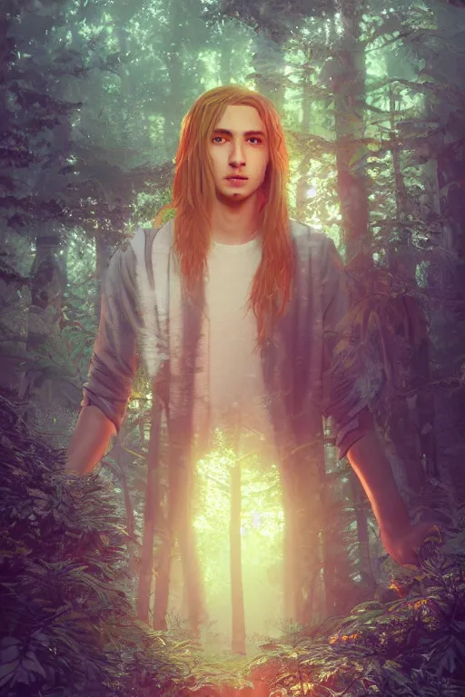 Image similar to pretty young man with long golden hair, trees, detailed forest background, webtoon, breathtaking scenery, colourful, 8 k, graphic novel, digital art trending on artstation, volumetric lighting, octane render, cinematic, hyper detailed, magical atmosphere