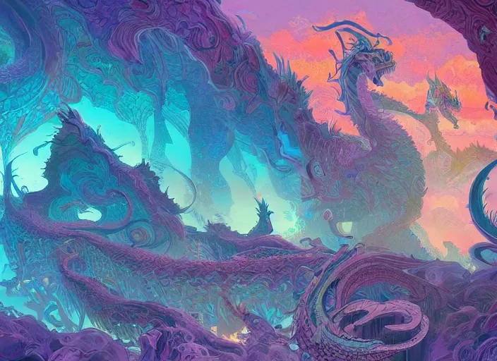 Image similar to psychedelic concept art of a dragon landscape made of thousands of spiraling dragons, cel shaded, in the style of makoto shinkai and moebius and peter mohrbacher and anton fadeev