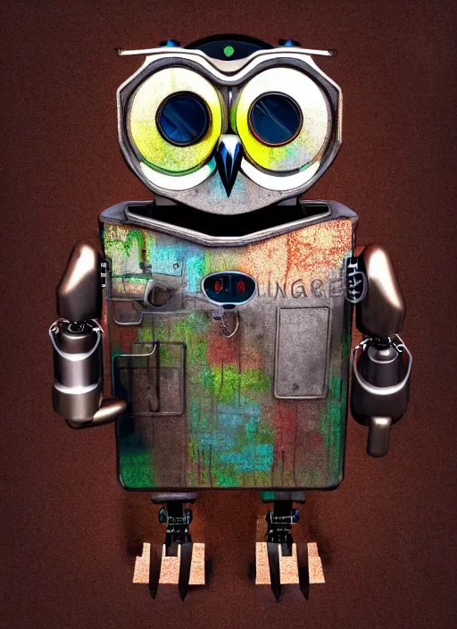 Image similar to colored pencil and pen drawing of an animatronic robot owl, bird made from rusty old keys and padlocks, 4 k photorender realityengine