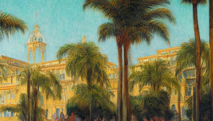 Image similar to a ultradetailed beautiful painting of the amazonas palace balustrade designed by jules bastien - lepage, tarsila do amaral, frank weston and gustave baumann, beach, trending on artstation, mediterranean, palm trees, sharp focus, colorful refracted sparkles and lines, soft light, 8 k 4 k