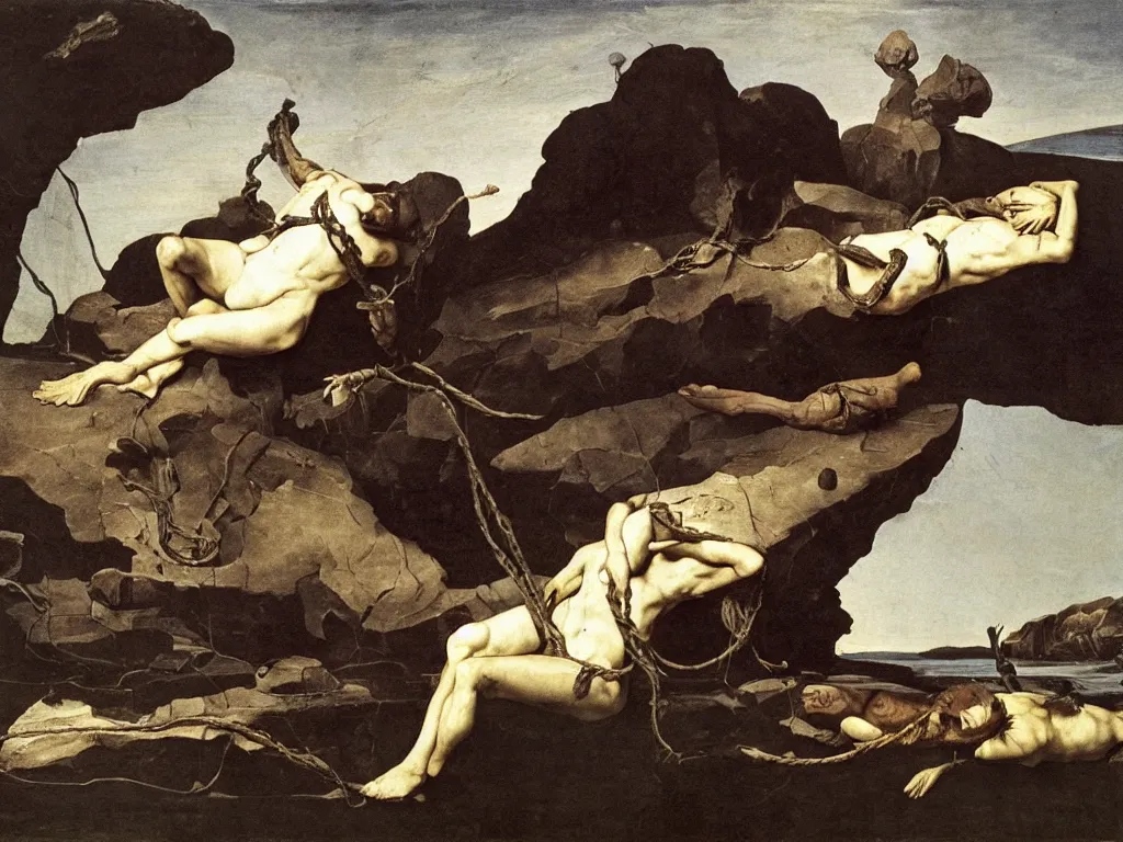 Prompt: Tormented man tied to a boulder with the strange reptile, fungi, mollusks creatures of Mars. Surreal, melancholic, vortex river, fumesm iceberg. Painting by Caravaggio, Caspar David Friedrich, Walton Ford