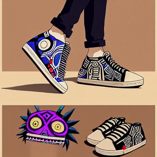 Image similar to sneaker design designed by studio ghibli, aztec mayan street fashion native punk sneaker design, majora's mask, wearing wooden mask, hip hop sneaker design with subtle mayan patterns, gapmoe yandere grimdark, trending on pixiv fanbox, painted by greg rutkowski makoto shinkai takashi takeuchi studio ghibli, akihiko yoshida