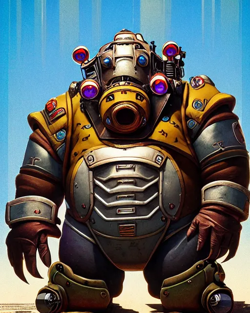 Image similar to roadhog from overwatch, character portrait, portrait, close up, concept art, intricate details, highly detailed, vintage sci - fi poster, retro future, in the style of chris foss, rodger dean, moebius, michael whelan, and gustave dore