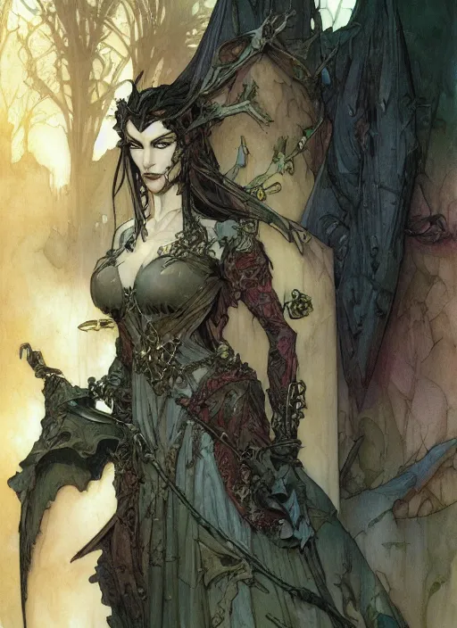 Prompt: drawing of a beautiful vampire woman, armor plates, by marc simonetti and brian froud and mike mignola and alfons maria mucha and peter mohrbacher, hyperdetailed