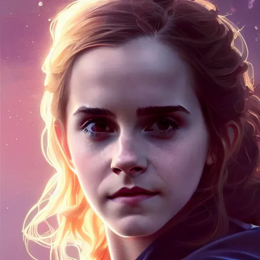 Prompt: Emma Watson as Hermione Granger. Happy. Cheerful. Western. Closeup. Fantasy. Intricate Elegant. Highly detailed. Digital painting. Artstation. Concept art. Matte. Sharp focus. Illustration. Art by Artgerm and Greg Rutkowski and Alphonse Mucha