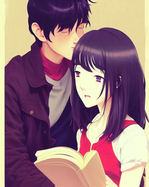 Image similar to cute girl reading book with her boyfriend, shy emotion. | very very anime!!!, fine - face, audrey plaza, realistic shaded perfect face, fine details. anime. very strong realistic shaded lighting poster by ilya kuvshinov katsuhiro otomo ghost, magali villeneuve, artgerm, jeremy lipkin and michael garmash and rob rey