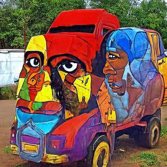 Image similar to UFO and an African Jesus in the sky , colourful, in the style of Nigerian truck art,