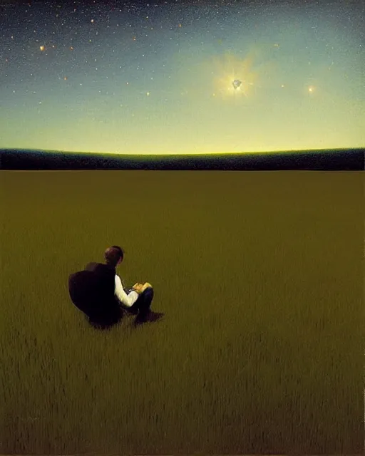 Prompt: man sitting in a huge field star filled night sky, by bo bartlett, wide angle, surreal