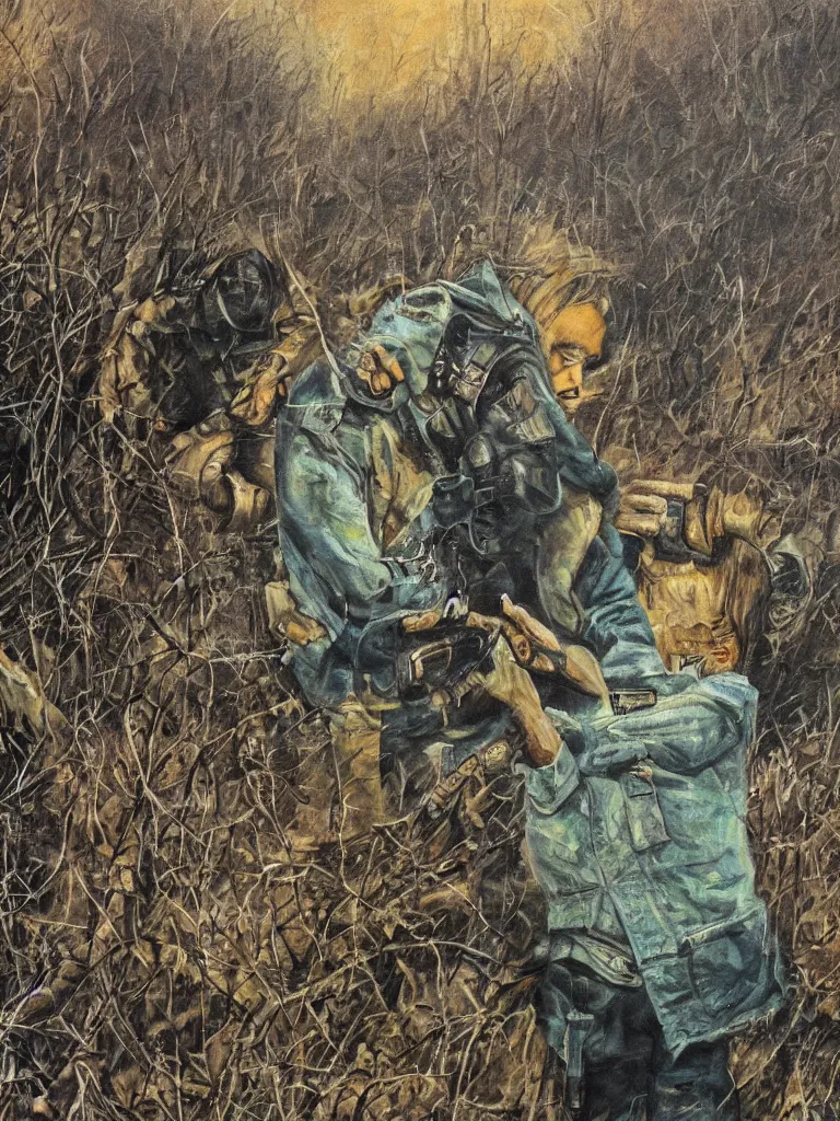 Prompt: after nuclear fallout, people searching for the happiness, stalker, detailed painting