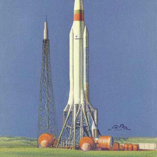 Image similar to color lithograph of a saturn 5 rocket by adolphe millot