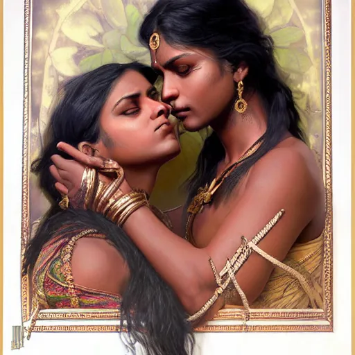 Image similar to portrait painting of dark muscular indian women kissing, ultra realistic, concept art, intricate details, eerie, highly detailed, photorealistic, octane render, 8 k, unreal engine. art by artgerm and greg rutkowski and alphonse mucha