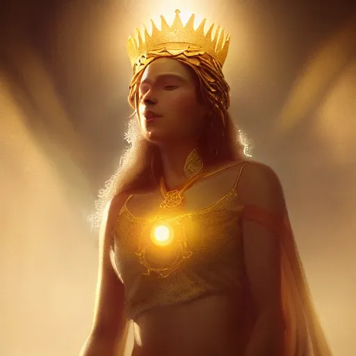 Image similar to a beautiful portrait of a sun goddess with a golden crown, sunlight beams, god rays, volumetric lighting, detailed, greg rutkowski, 8 k