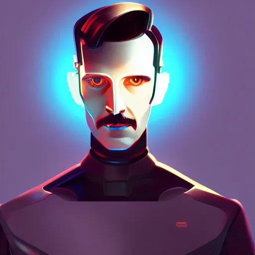 Image similar to portrait of a cyborg nikola tesla, metallic skin, led lights, high technology inplants, mattepainting concept blizzard pixar maya engine on stylized background splash comics global illumination lighting artstation lois van baarle, ilya kuvshinov, rossdraws