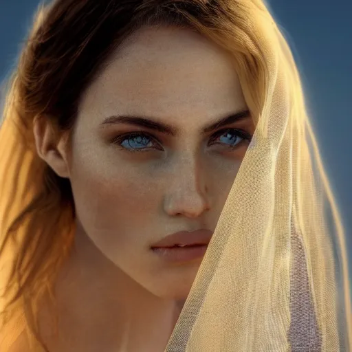 Prompt: closeup portrait of a stunningly beautiful female, silk veil at sunset, fashion photoshoot, by edward robert hughes, annie leibovitz and steve mccurry, david lazar, jimmy nelsson, breathtaking, 8 k resolution, extremely detailed, beautiful, establishing shot, artistic, hyperrealistic, beautiful face, octane render