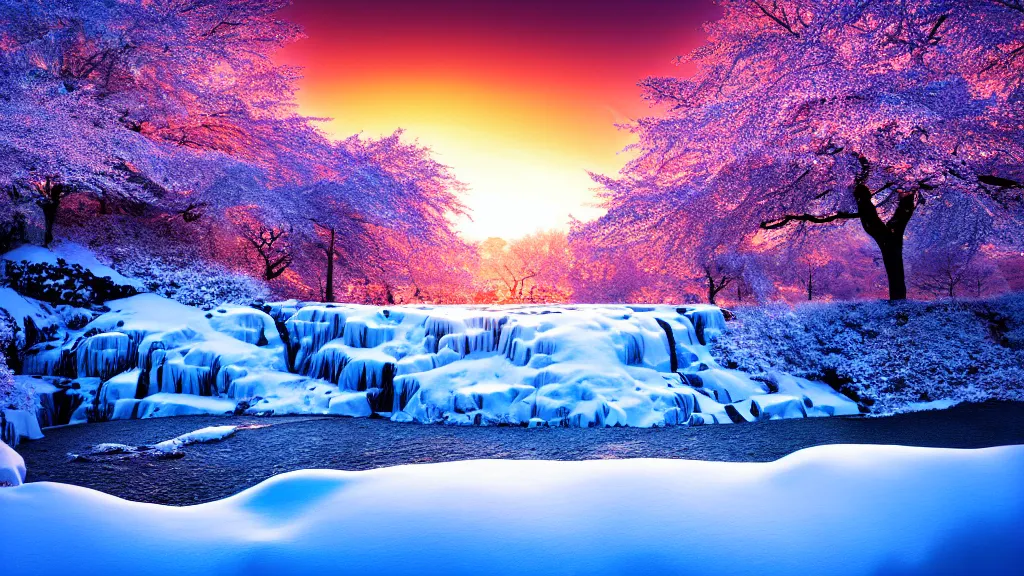 Prompt: winter featured on artstation cherry tree overlooking valley waterfall sunset beautiful image stylized digital art