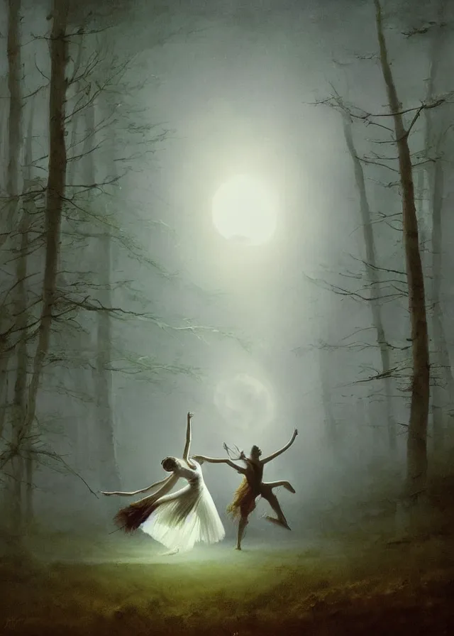 Prompt: dancers in white lit only by the moon, contemporary dance on the forest floor, the twilight dance of the fae by aleksi briclot, and ivan aivazovsky, contemporary dance, watercolor, surrealist, artstation, artgerm