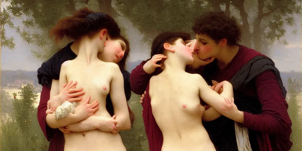 Prompt: The kiss, painted by William-Adolphe Bouguereau