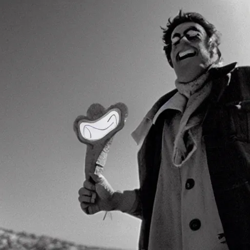 Image similar to Film still of an anthropomorphic tooth hitchhiking across America, Fellini film, 1972