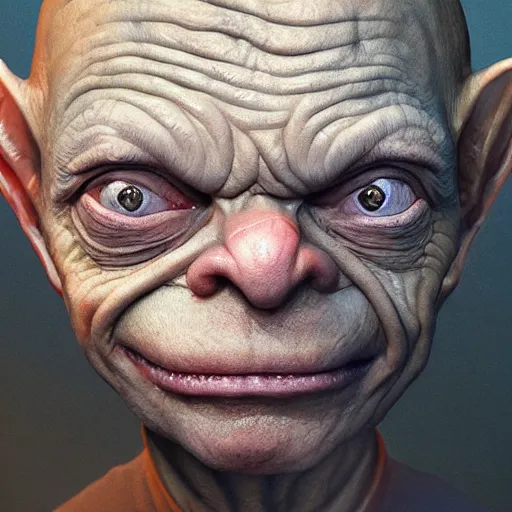 Image similar to donald trump as gollum, smiling, portrait, intricate, detailed, volumetric lighting, scenery, digital painting, highly detailed, artstation, sharp focus, illustration, concept art, ruan jia, steve mccurry