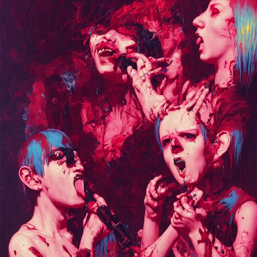 Image similar to weird and disturbing portrait of punk singer singing and puking blood, vivid colors, death, neon, art by ( ( ( kuvshinov ilya ) ) ) and wayne barlowe and francis bacon and artgerm and wlop and william - adolphe bouguereau