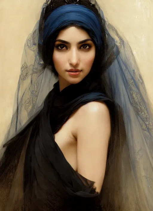 Prompt: Ameera al-Taweel, crystal blue eyes, wavy black hair, tanned skin, white veil, intricate, elegant, highly detailed, artstation, concept art, sharp focus, ruan jia, jurgens, orientalism, bouguereau