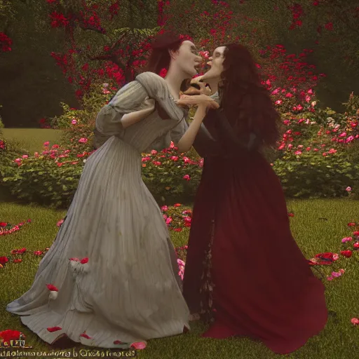 Prompt: a couple of vampires bitting each other while dancing in a rose garden, pre-raphaelites, elegant, octane render, cinematic,