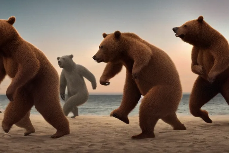 Image similar to Bears dancing at a party at the beach, cinematic, atmospheric, 8k resolution, ArtStation, Hyperrealistic