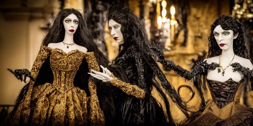 Image similar to photo taken of an epic intricate, ultra detailed, super realistic stop motion puppet of a majestic gracious regal aristocratic brunette female vampire and an indoor gothic filmset created by weta workshop and tim burton, menacing, wide angle, full body shots, photorealistic, sharp focus, gloomy, extremely cold blueish colour temperature, 3 5 mm, f 1. 4, golden ratio