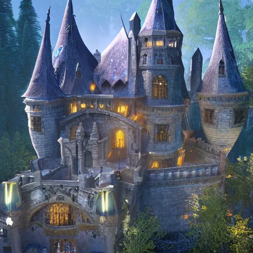 Prompt: a big castle, highly detailed, crystal lighting, mystical, forest, hyperrealistic, 4 k, unreal engine, highly detailed, dramatic lighting, magical, beautiful,