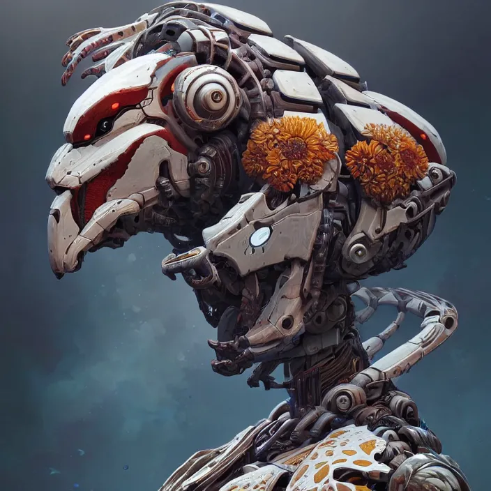 Image similar to symmetry! portrait of a hybrid robot helhound, floral! horizon zero dawn machine, intricate, elegant, highly detailed, digital painting, artstation, concept art, smooth, sharp focus, illustration, art by artgerm and greg rutkowski and alphonse mucha, 8 k