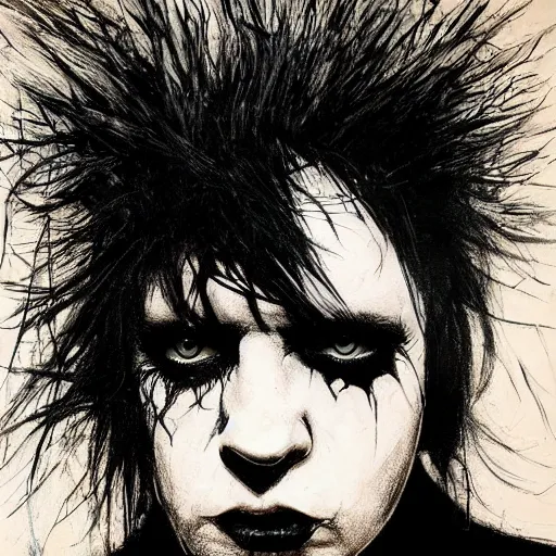 Image similar to gaunt ( the cure fan ) as dream from sandman, dim stars as eyes, by jeremy mann, by cedric peyravernay, by by russ mills, by richard avedon and ben templesmith, dramatic lightning, sadness, dark eye sockets, in the shadows, punk rock, gothic, high detailed, 8 k