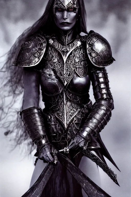 Prompt: head and shoulders portrait of an eldritch knight, drow, dark elf, shadar kai, female, breastplate, magical, high fantasy, d & d, by annie liebovitz, face details, extremely detailed, vogue fashion photo