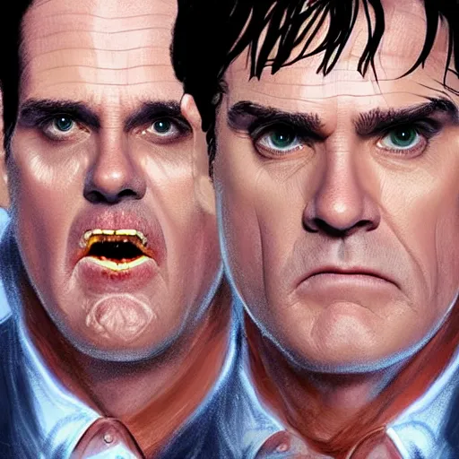 Image similar to hydra of lerna with two heads, one head is jim carey as lloyd christmas, the other head is jeff daniels as harry dunne ( from dumb and dumber ), serpentine water monster, d & d, fantasy, portrait, highly detailed, digital painting, trending on artstation, concept art, sharp focus, illustration, art by artgerm and craig mullins