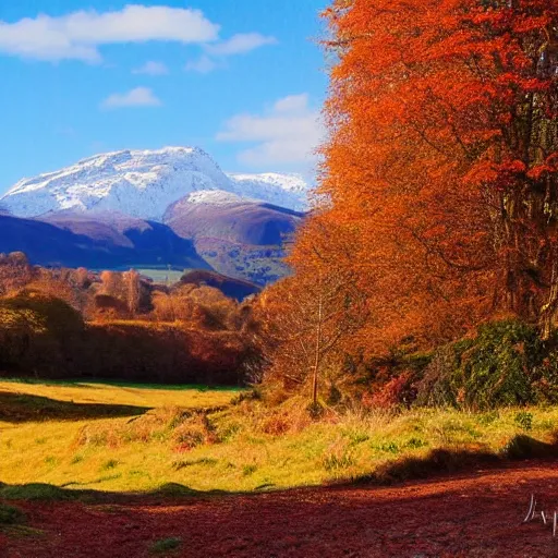 Image similar to autumnal scottish valley view with snowy mountains in the background and a deep blue sky by lisa frank and tyler edlin