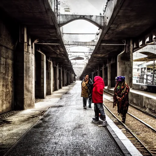 Image similar to poor people life under railway bridge, award winning, realistic, 2 0 0 0 p, hyper details, by steve mccury, best on adobe stock, cinematic, detailed place and people, 3 5 mm lens