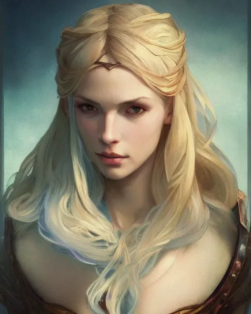 Image similar to '' Portrait of Beautiful blonde Slavic woman in her early 30’s, league of legends, LOL, fantasy, d&d, digital painting, artstation, concept art, sharp focus, illustration, art by greg rutkowski and alphonse mucha ''