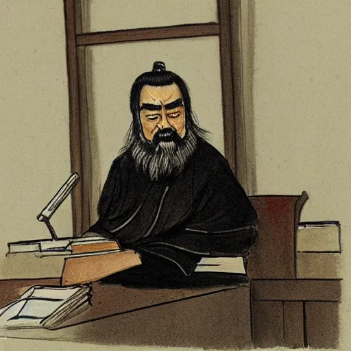 Prompt: Confucius in the american courtroom sketch by John M. Downs and Leo Hershfield