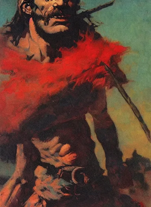 Image similar to portrait of barbarian on mountain, coherent! by mariusz lewandowski, by frank frazetta, deep color, strong line, red green black teal, minimalism, high contrast