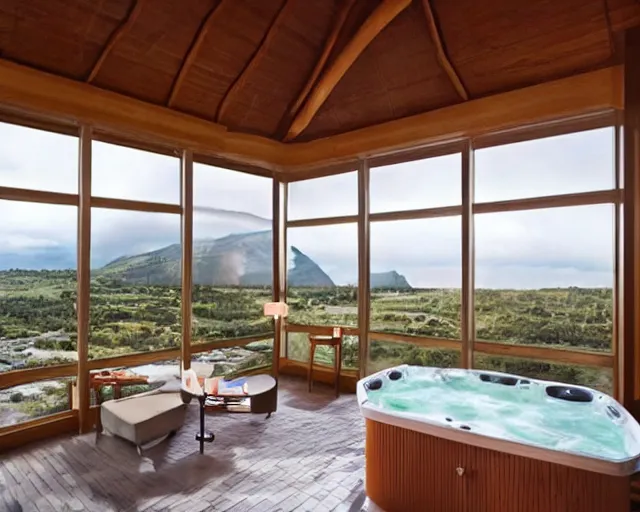 Prompt: a luxury hotel room with a beautiful view from the balcony, and a hot tub inside.