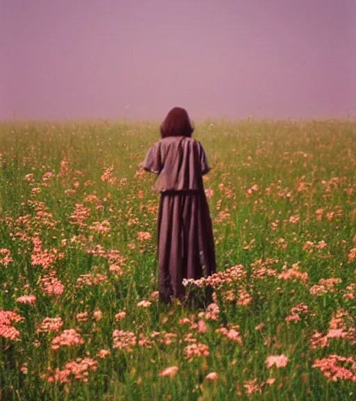 Image similar to mystical death god standing in tall meadow of flowers, distant, film photo, grainy, high detail, high resolution