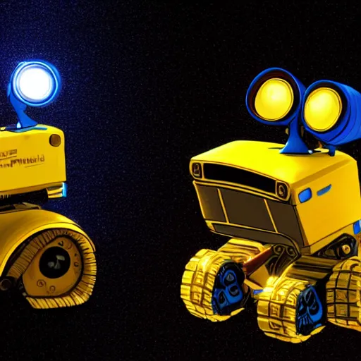 Image similar to photo of wall - e, blue and yellow glowing lights, dark, highly detailed