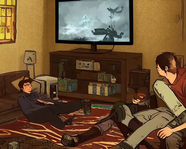 Image similar to a beautiful illustration of my friend nathan tinsley, playing fallout new vegas on the xbox 3 6 0 in his living room. the tv is the only light source, in the style of studio ghibli, artwork by studio ghibli, gamers bedroom, posters. cinematic composition, anime, digital art, featured on artstation