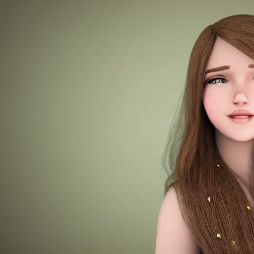 Prompt: Photograph of April, a cute 3D young woman, long shiny bronze brown hair, full round face, green eyes, medium skin tone, light cute freckles, light blush, smiling softly, wearing casual clothing, interior lighting, cozy living room background, medium shot, mid-shot, hyperdetailed, hyperreal, trending on Artstation, Unreal Engine 4k