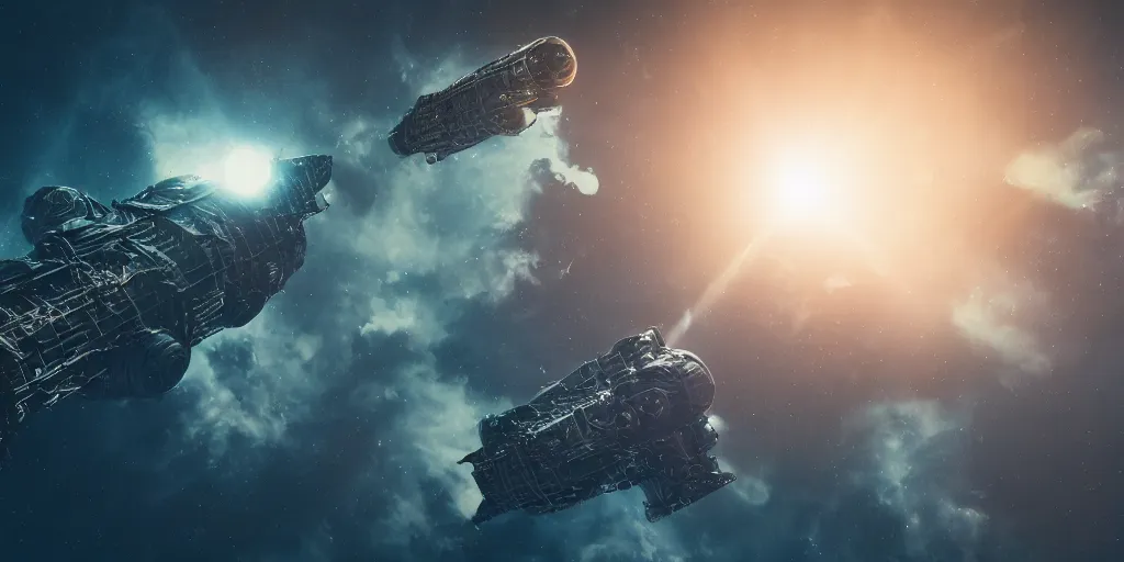 Prompt: full shot of industrial spaceship in space, bokeh, Hubble photo background, inspired by Ridley Scott, H R Giger, Warhammer, octane render, HD, volumetric lighting, mist, twilight, detailed