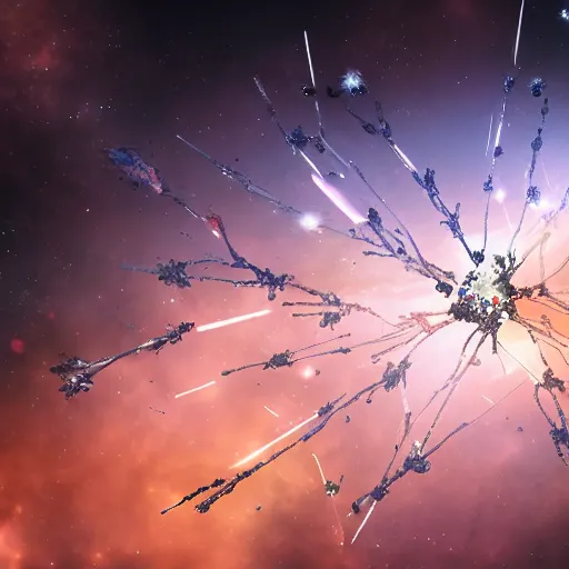 Image similar to army of interconnected neurons made of steel in space with hubble background, amazing, fire, splash, vray, 5 5 mm