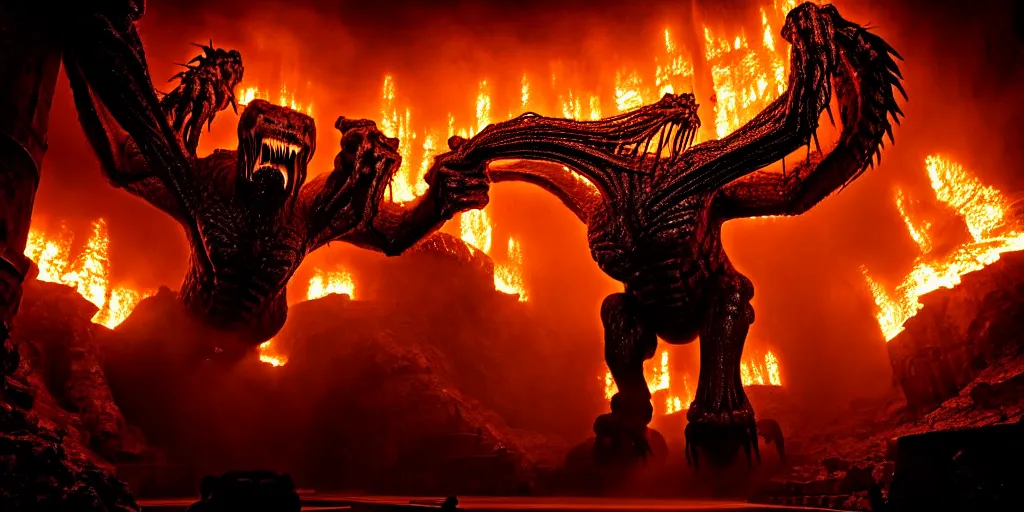 Image similar to giant balrog running through a great hall towards the camera, columns along both sides of the great hall in moria, balrog is breathing fire, style of h. r. giger, dark, cinematic