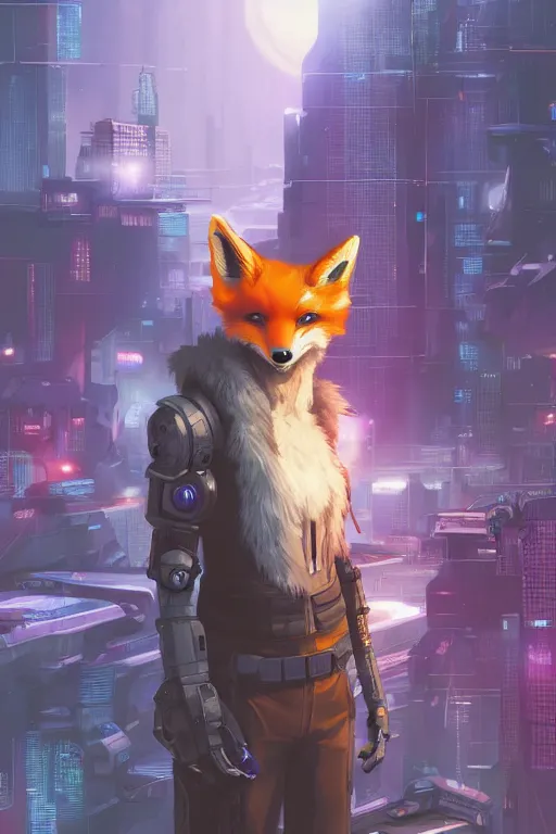 Image similar to a cyberpunk anthropomorphic fox with a fluffy tail staring over a futuristic city from the top of a roof, comic art, trending on furaffinity, cyberpunk, backlighting, cartoon, by kawacy