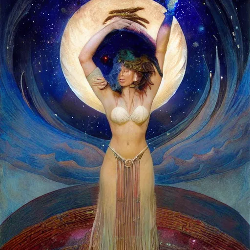 Image similar to queen of the moon with stars in her hair, by annie swynnerton and tino rodriguez and donato giancola and nicholas roerich and jean delville and diego rivera and charlie bowater and dulac, dramatic lighting, god rays, geometric tattoos, rich colors, smooth sharp focus, extremely detailed, adolf wolfli